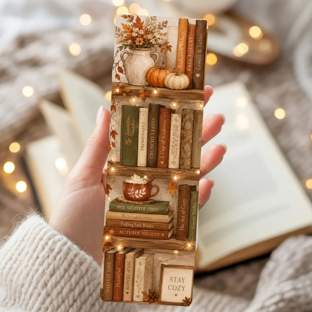 A hand wearing a white knit sweater holds a phone case printed with a cozy autumn bookshelf scene, featuring books, pumpkins, a mug of hot cocoa, and the words 'STAY COZY'. The background is a soft, blurred cozy setting with warm fairy lights.
