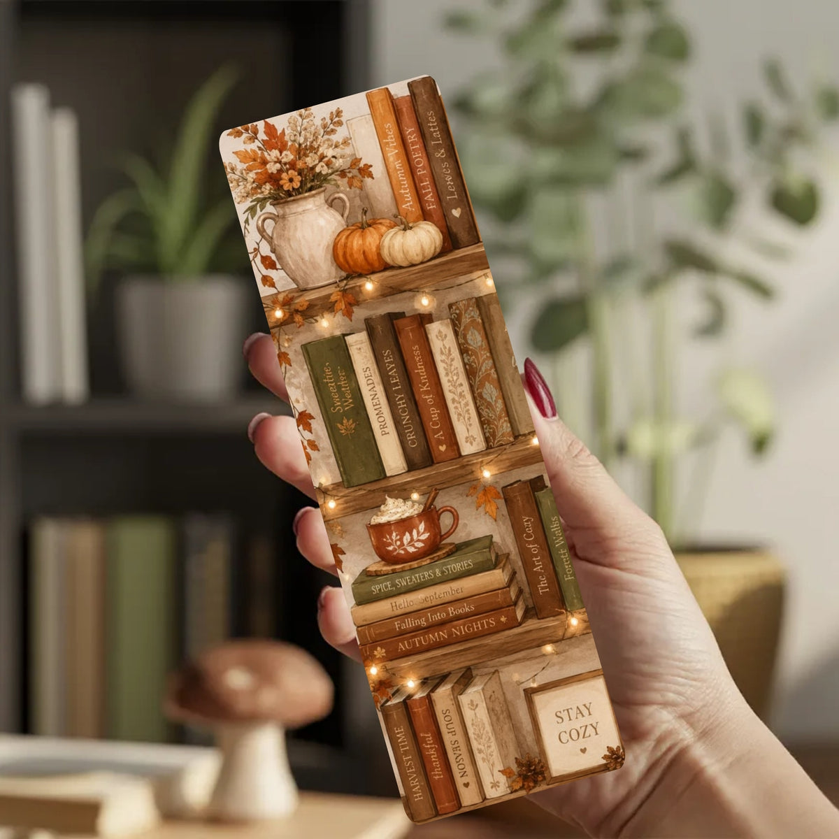 A hand holds a slim rectangular book or bookmark-style item printed with a cozy autumn library scene, showing stacked books, pumpkins, a mug of coffee, warm string lights, and the phrase “STAY COZY.” The background is a softly blurred indoor room with shelves, plants, and a mushroom prop.