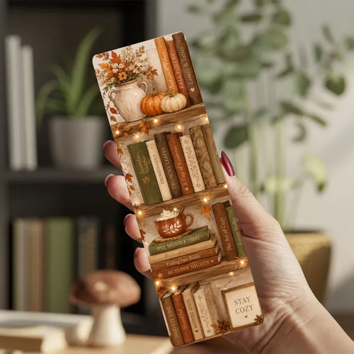 A hand holds a slim rectangular book or bookmark-style item printed with a cozy autumn library scene, showing stacked books, pumpkins, a mug of coffee, warm string lights, and the phrase “STAY COZY.” The background is a softly blurred indoor room with shelves, plants, and a mushroom prop.