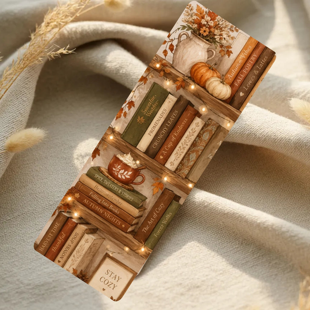 A rectangular phone case featuring a cozy autumn bookshelf design, displayed on a soft beige fabric background with dried grasses. The design includes books, pumpkins, a mug, and warm fairy lights.