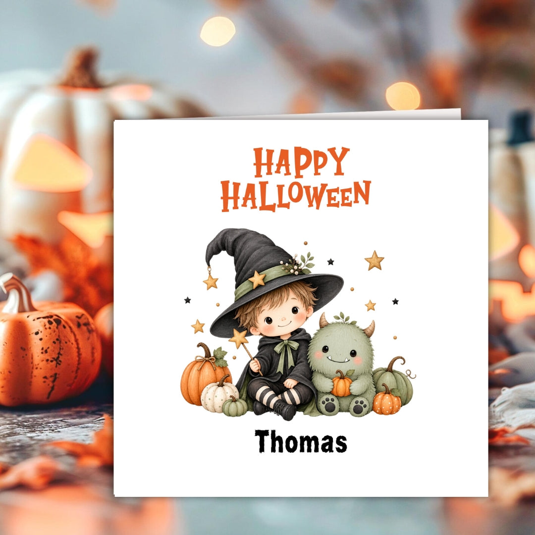 A personalized Halloween greeting card featuring a cute cartoon child in a witch hat with pumpkins and a small monster, with the text 'Happy Halloween' and the name 'Thomas'. The card is displayed against a blurred autumnal background with pumpkins and warm lights.