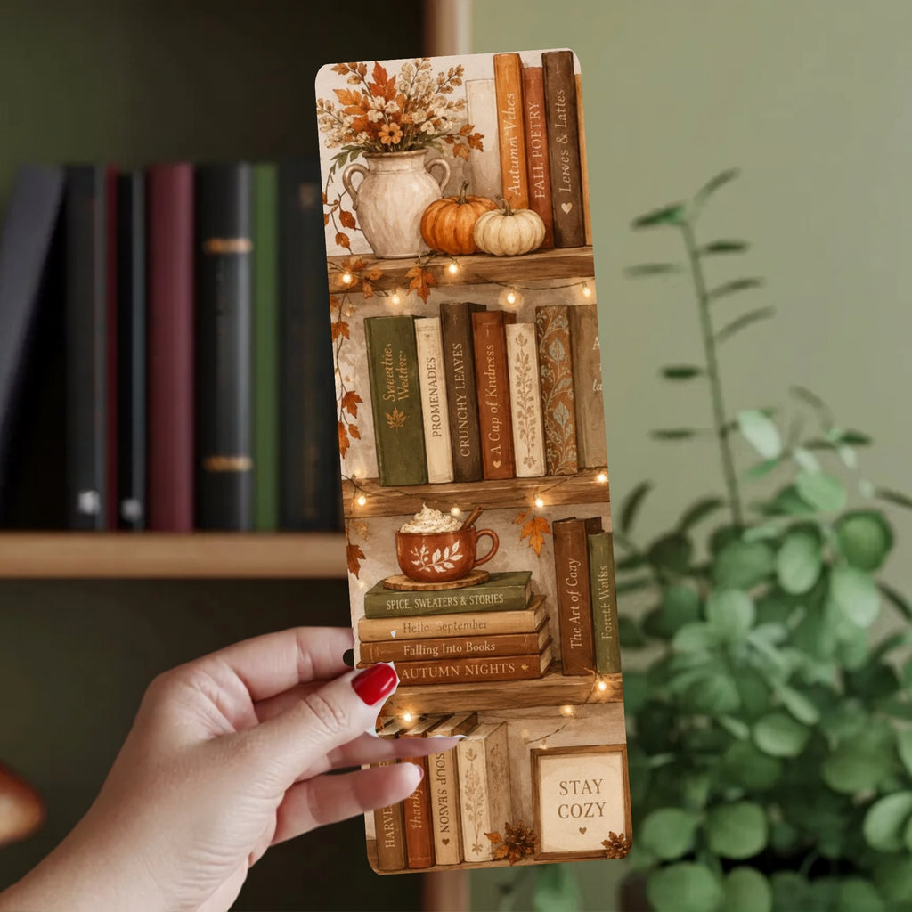 A hand with red nail polish holds a rectangular printed bookmark or card featuring an autumn-themed bookshelf design with pumpkins, books, fall leaves, and warm string lights, against a blurred indoor background with more books and greenery.