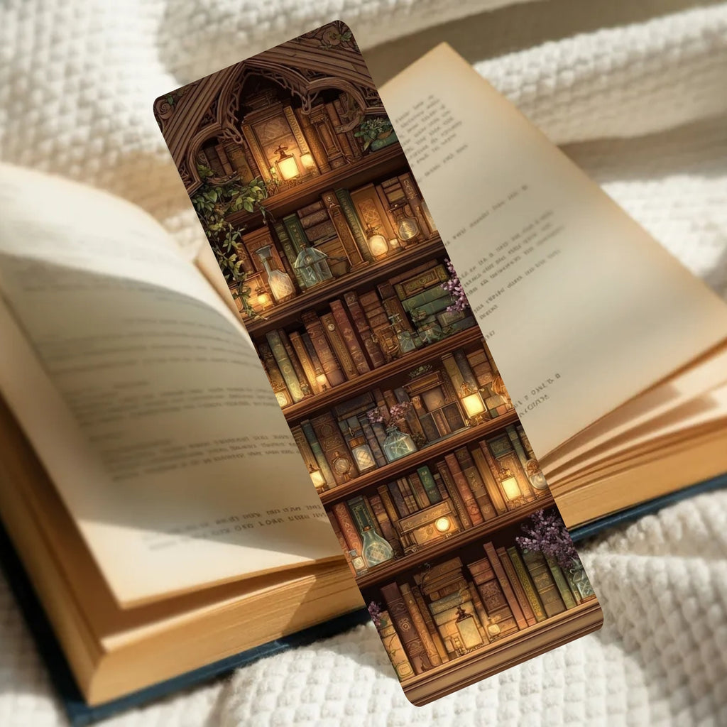 A decorative bookmark featuring an illustration of a cozy, warmly lit wooden bookshelf with books, candles, and flowers, shown resting on an open book over a textured cream knit blanket.
