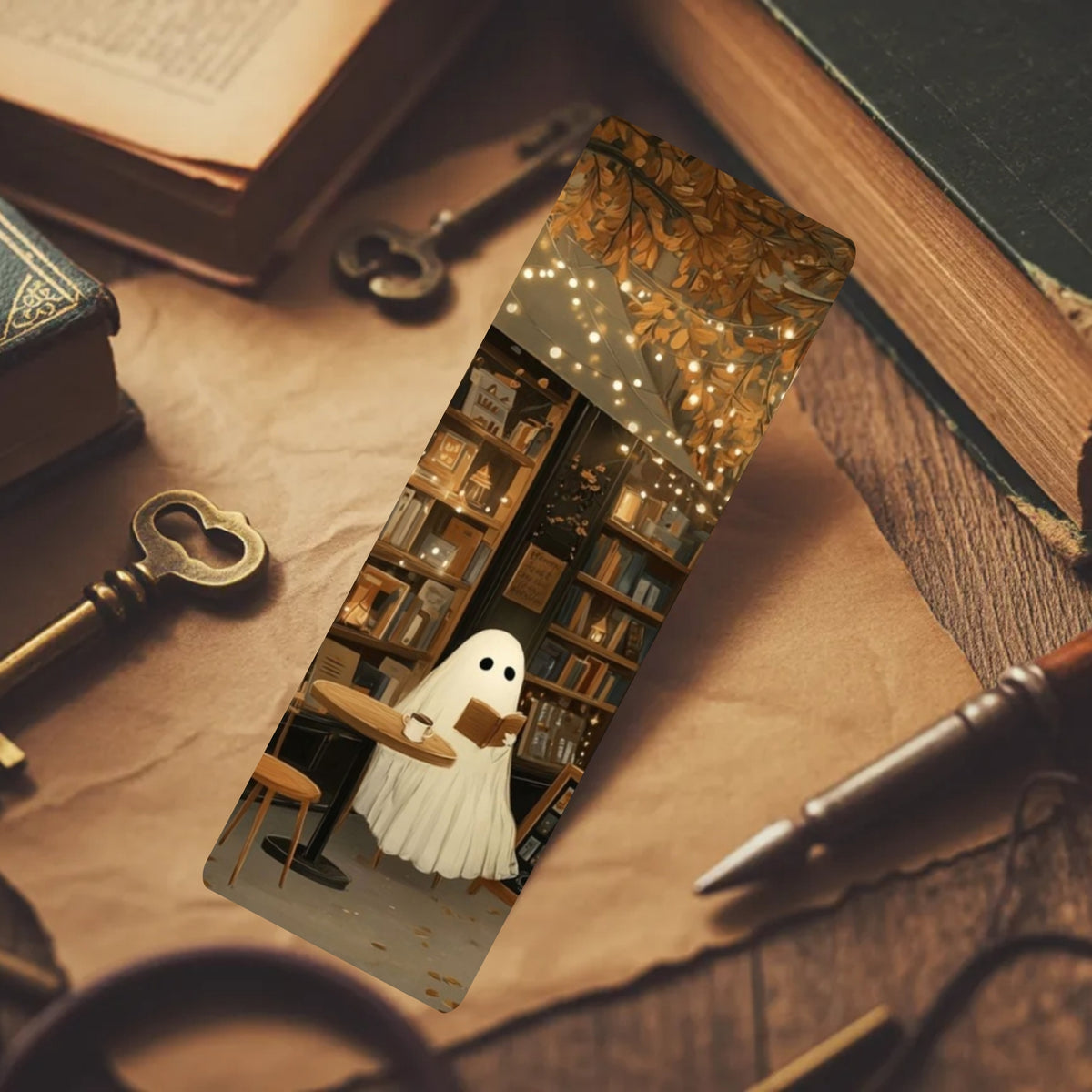 A rectangular bookmark featuring an illustration of a ghost in a white dress reading in a cozy bookshop, styled on a vintage desk with old books, keys, and a pen.