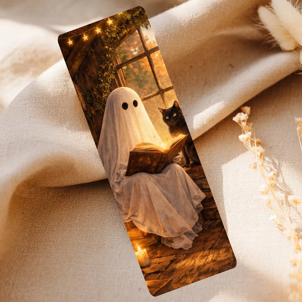 A rectangular printed bookmark or card featuring a whimsical illustration of a ghost in a white sheet reading a book, with a black cat beside it, placed on draped cream fabric with dried flowers and warm string lights.