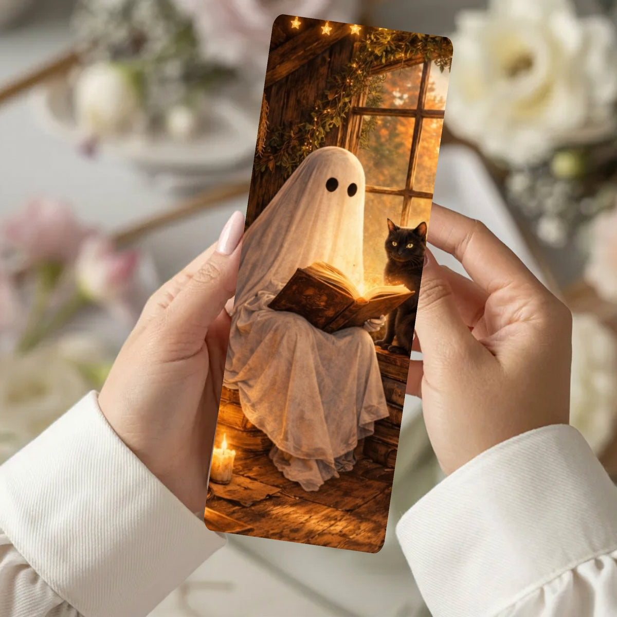 A person holds a slim rectangular printed card or bookmark featuring an illustrated ghost in a white sheet reading a book, with a black cat beside it and warm candlelight. The background is softly blurred with flowers and indoor decor.