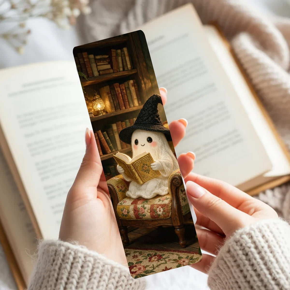A person holds a long rectangular printed bookmark or card featuring a cute ghost character in a black witch hat reading a book in a cozy library, with an open book and soft knit sweater blurred in the background.