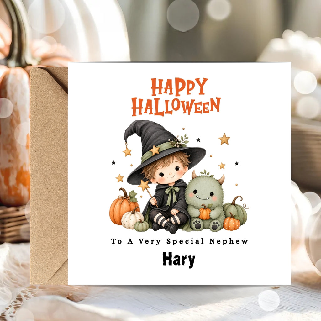 A square Halloween greeting card with a white background, featuring a cute illustration of a child witch sitting with pumpkins and a small monster. The card reads 'HAPPY HALLOWEEN' in orange and is shown leaning against a kraft envelope, with a softly blurred autumn-themed background.