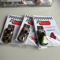 Personalized race car birthday party favors with toy cars attached to custom thank you cards.