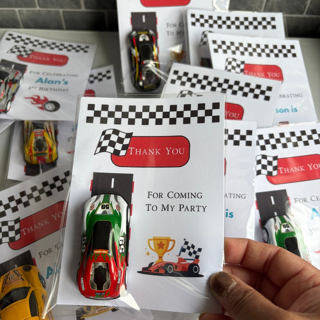 Individual toy car birthday favors packaged and ready for a children's race car party