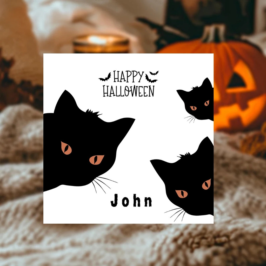 Personalized Halloween Cards With Name, Spooky Cats & Pumpkins Greetings