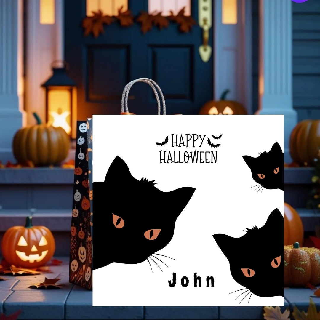 Personalized Halloween Cards With Name, Spooky Cats & Pumpkins Greetings