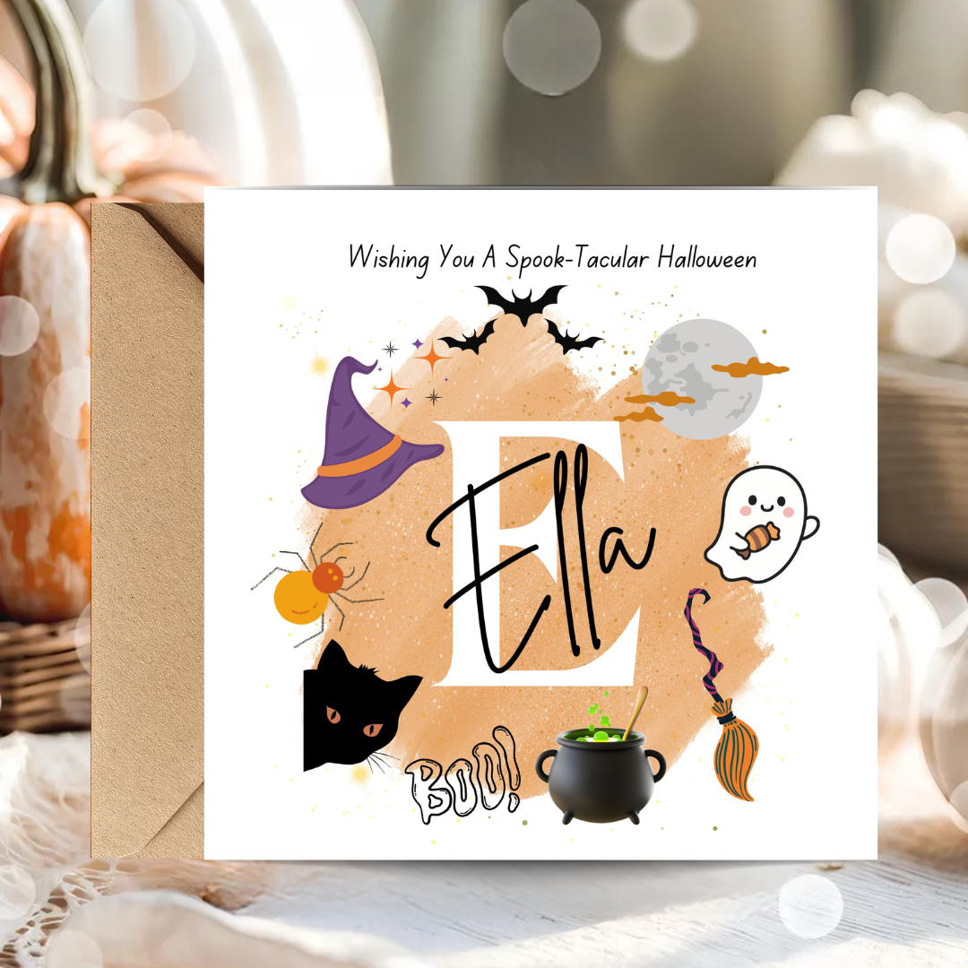 A square Halloween greeting card with a kraft envelope, featuring a large letter 'E' and the phrase 'Wishing You A Spooktacular Halloween' with cute spooky illustrations including a witch hat, ghost, cat, spider, broom, and cauldron.