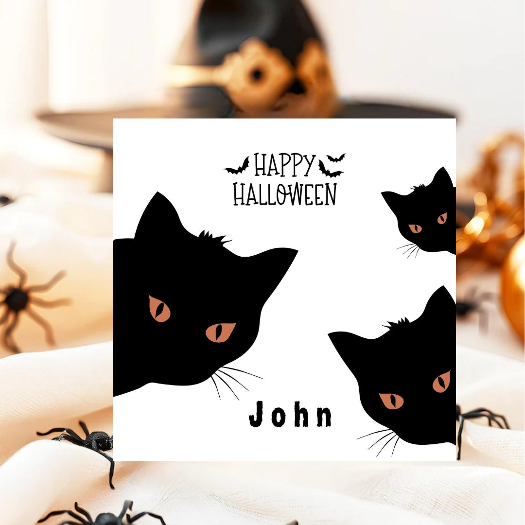 Personalized Halloween Cards With Name, Spooky Cats & Pumpkins Greetings