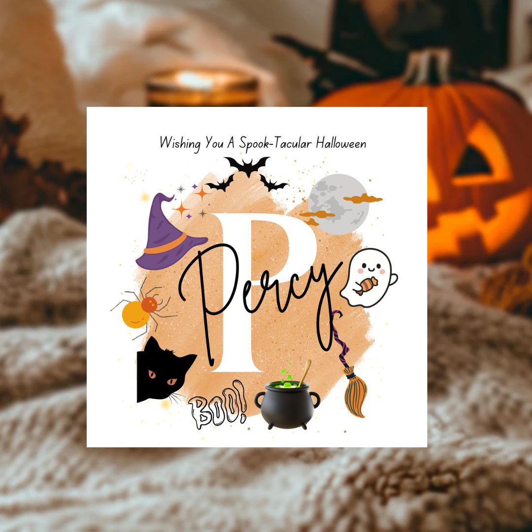A square white Halloween greeting card or print featuring the word 'Percy' in large script, surrounded by spooky illustrations including a witch hat, spider, cat head, ghost, cauldron, broom, bats, and a moon. The top text reads 'Wishing You A Spooktacular Halloween.