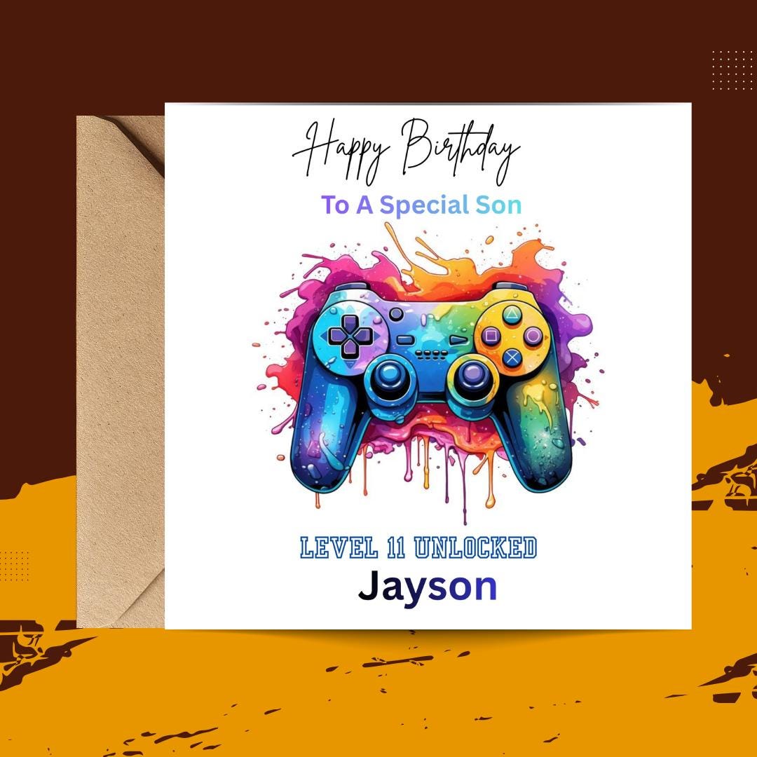 Personalized Gamer Birthday Card, Level 11 Unlocked, Custom Name Teen Boy Card