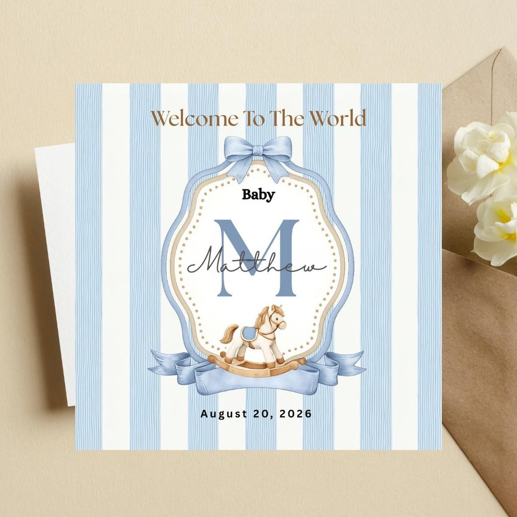 Personalised Baby Boy Welcome Card, Custom Name Initial, Newborn Congratulations