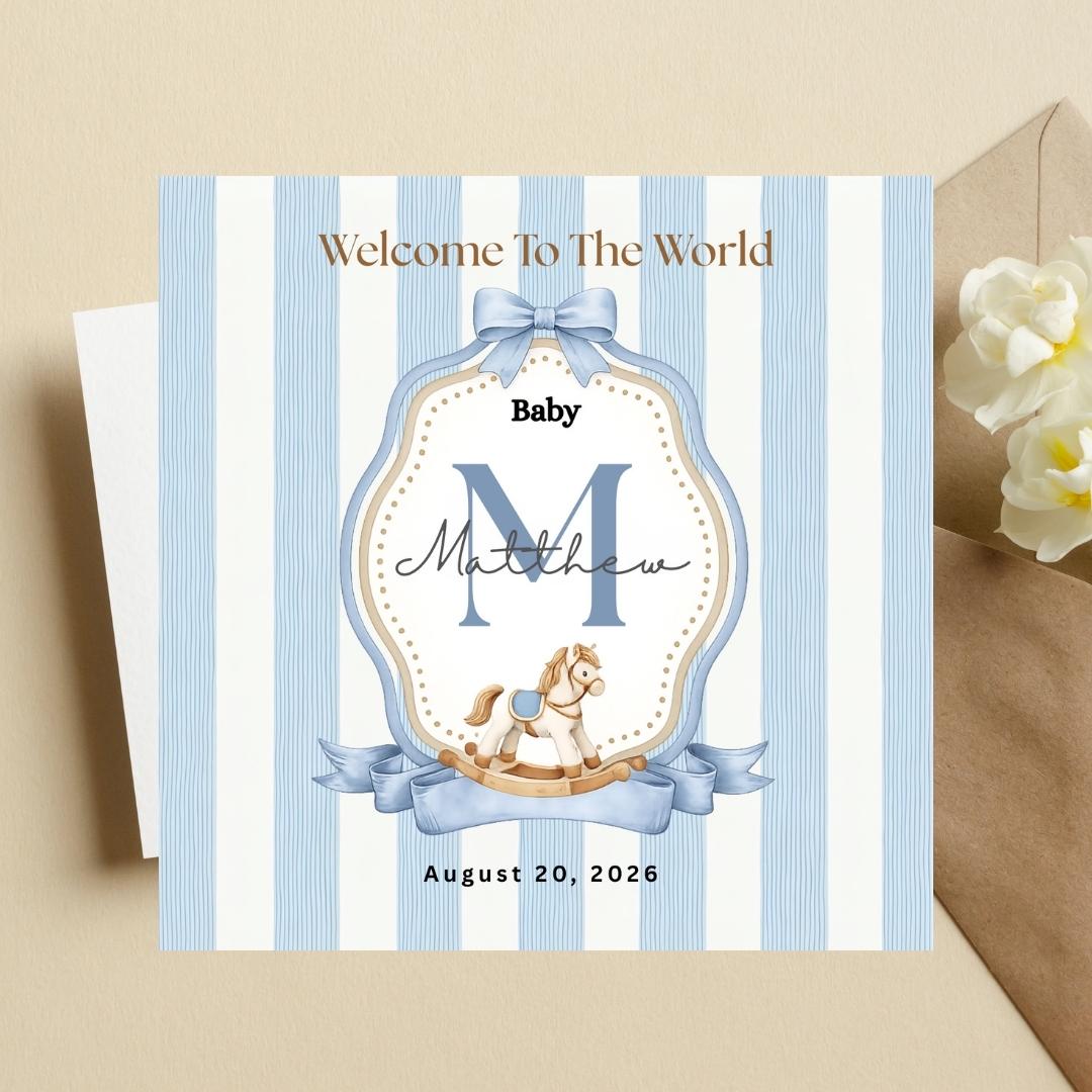 Personalised Baby Boy Welcome Card, Custom Name Initial, Newborn Congratulations