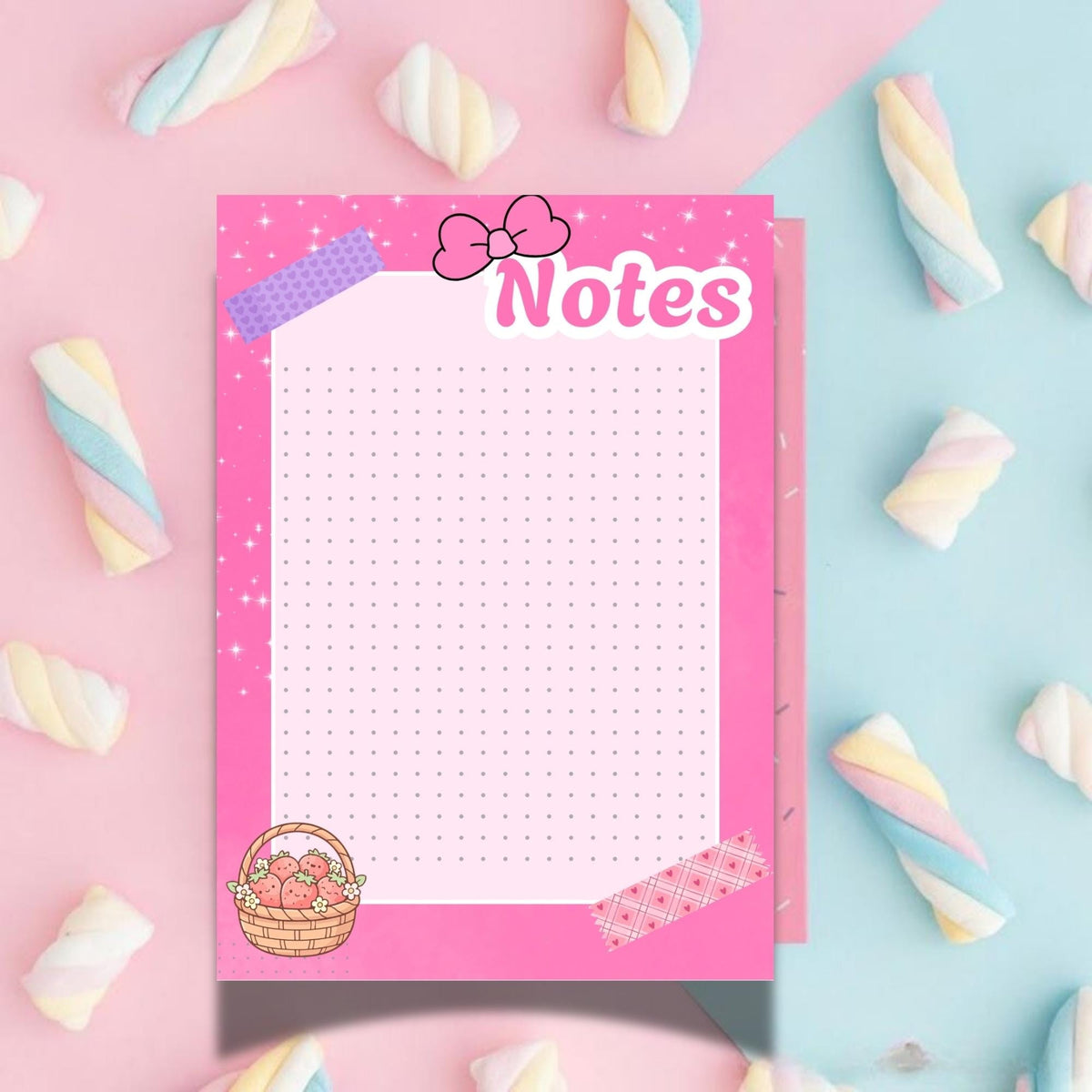 A5 notebook Pink Notes with dotted grids, Kawaii Stationery, 40 Tear-Off Planner Pages