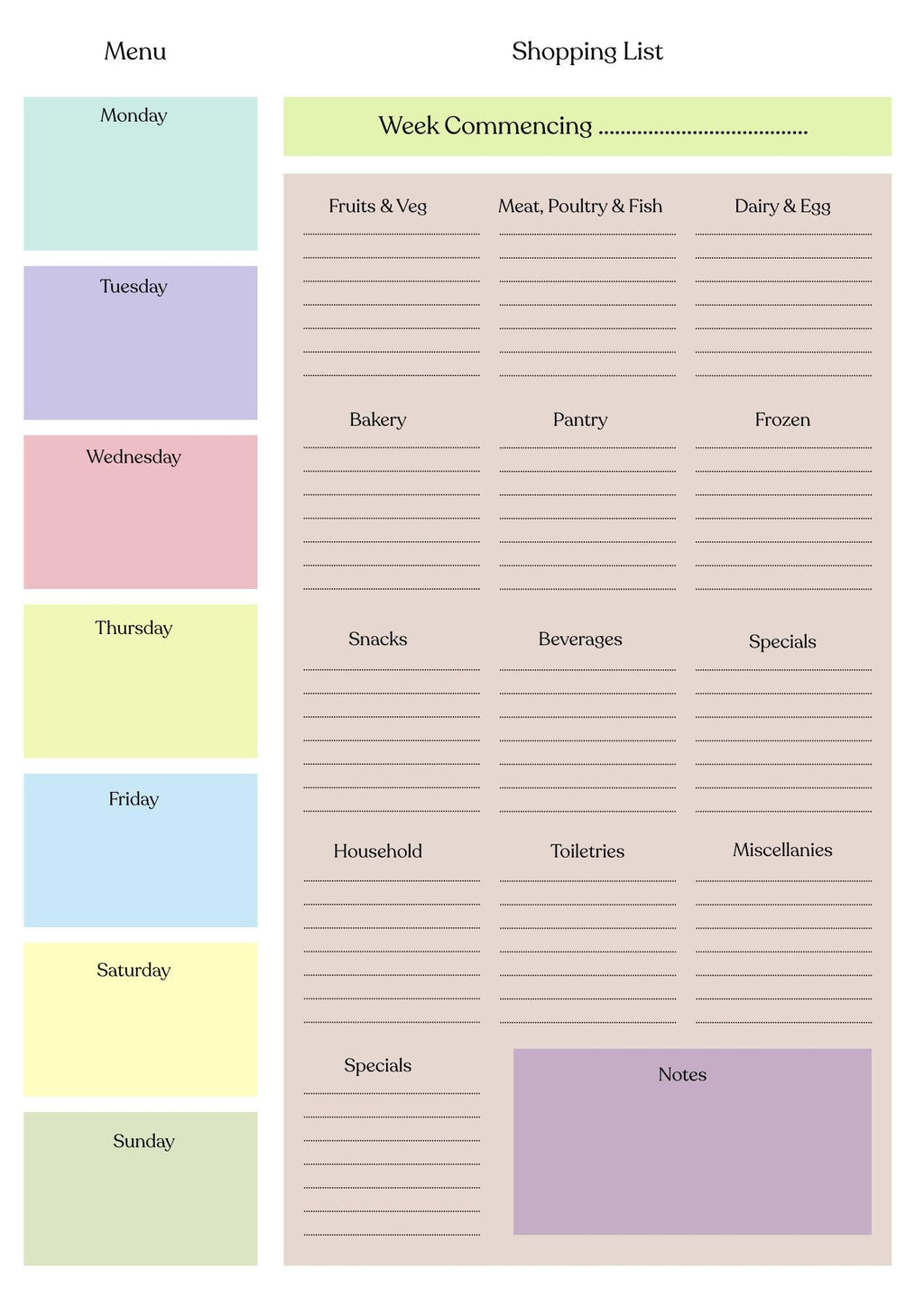 A4 Grocery Shopping List Pad, Weekly Meal Planner, Pastel Design, 50 Tear-Off Sheets