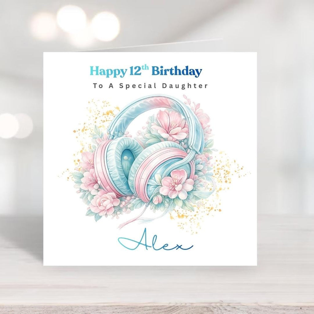 Personalized 12th Birthday Card, Music Lover Headphones, Custom Name Card For Daughter