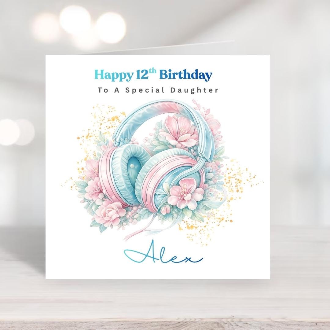Personalized 12th Birthday Card, Music Lover Headphones, Custom Name Card For Daughter