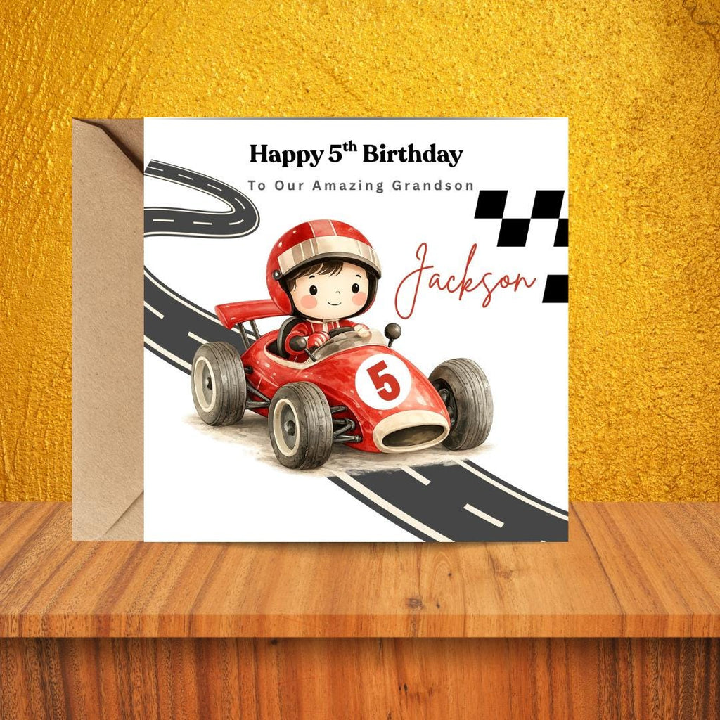 Race Car Birthday Card For Boys 5 Years, Custom Name Kid Boys Racing Cards