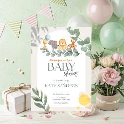 Baby Shower Invitation Template, Jungle Safari Baby Animals Shower Invite, Editable Gender Neutral Baby Shower, Digital Download
