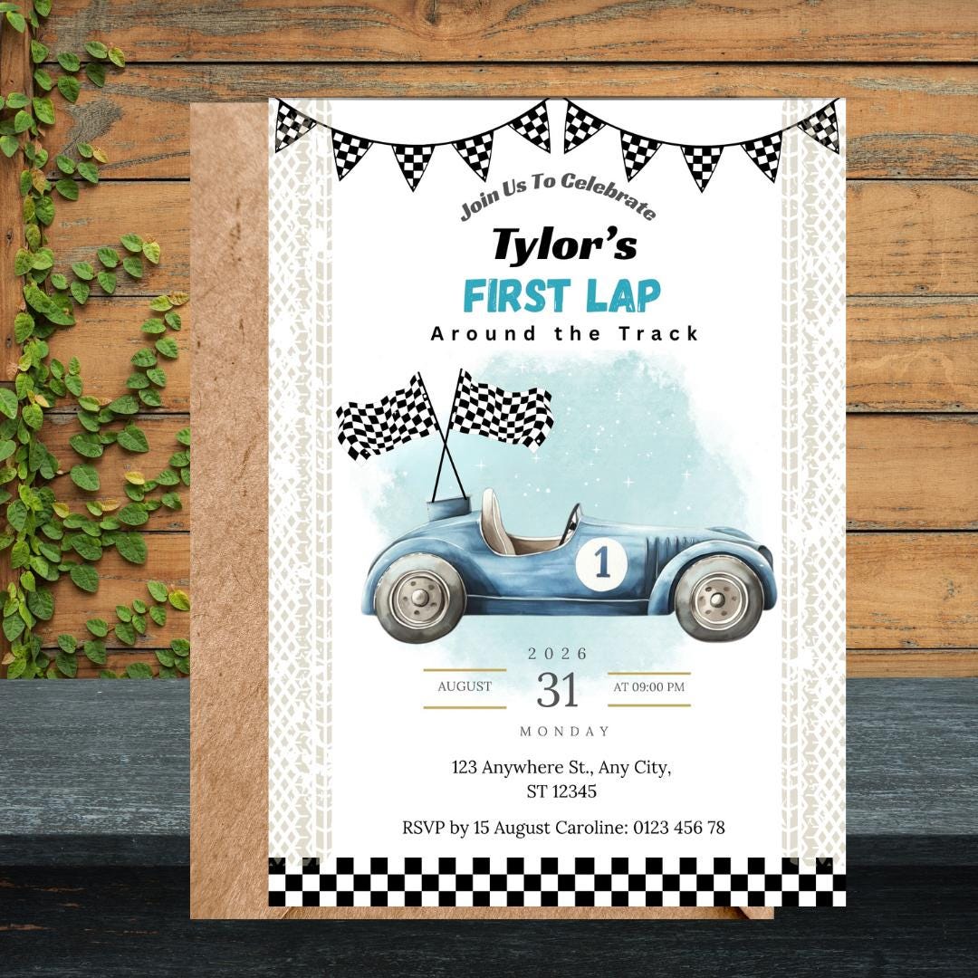 Race Car First Birthday Invitation Boy, | “First Lap” Racing Theme Invite | Editable Digital Printable 1st Birthday Invitation