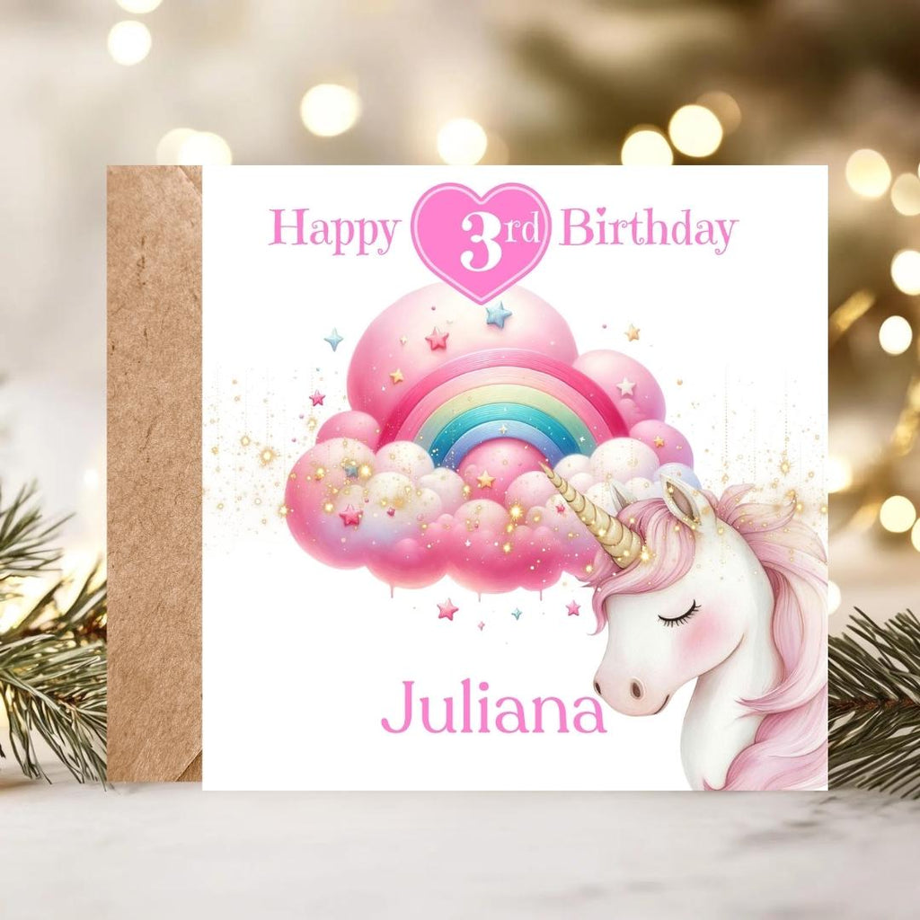 Personalized Unicorn 3rd Birthday Card For daughter, granddaughter, niece, - cloud rainbow gold dust magical