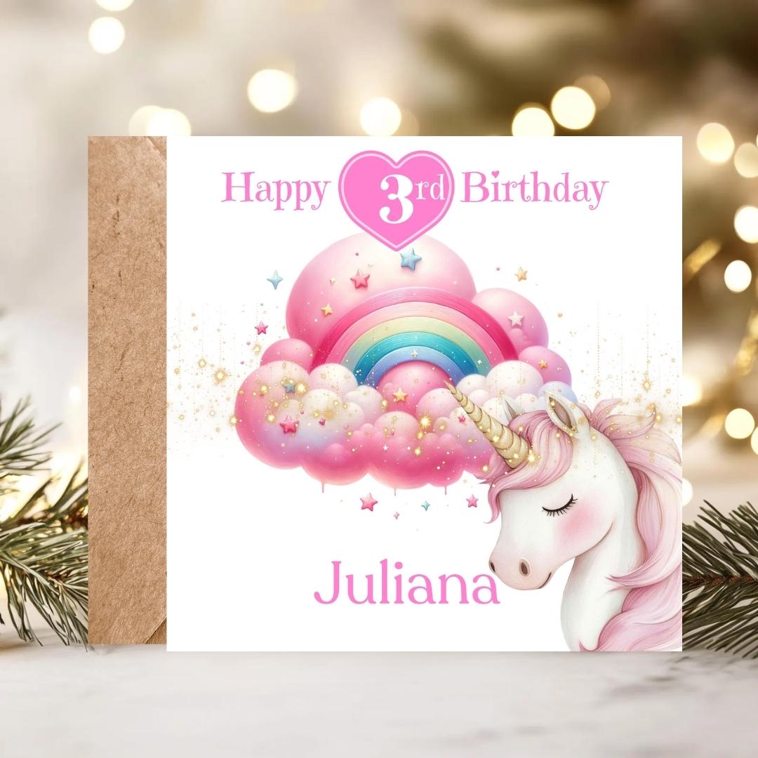 Personalized Unicorn 3rd Birthday Card For daughter, granddaughter, niece, - cloud rainbow gold dust magical