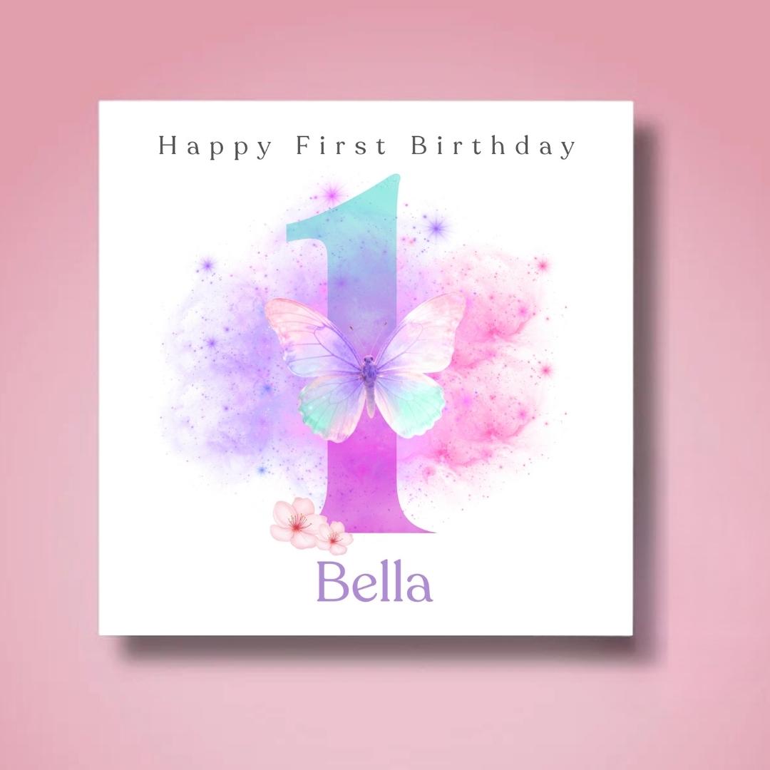 Personalized 1st Birthday Card For Granddaughter, Rainbow Butterfly Floral Design Age Birthday Cards