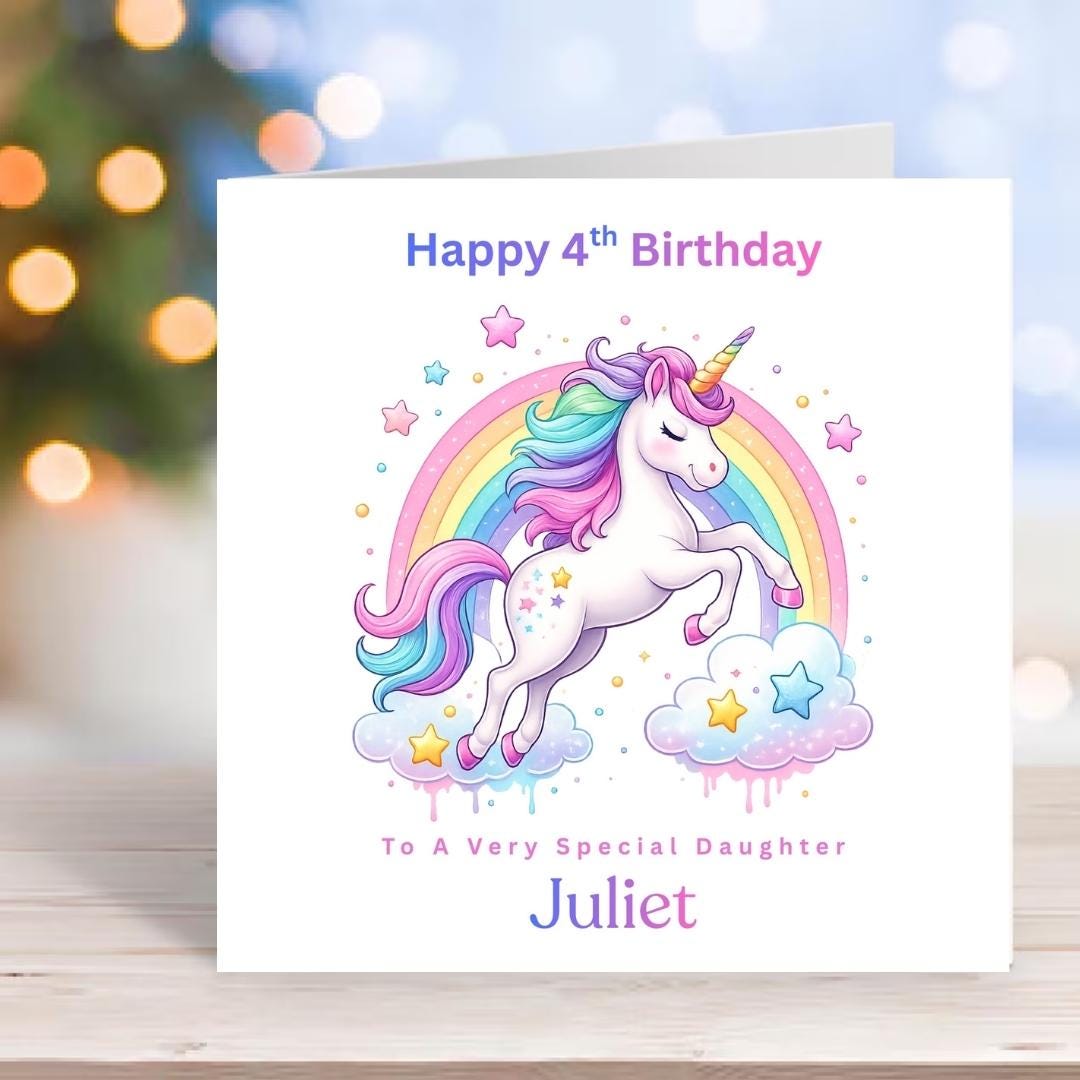Personalised Unicorn 4th Birthday Card for Daughter, Rainbow Unicorn Custom Name Age 4 Cards