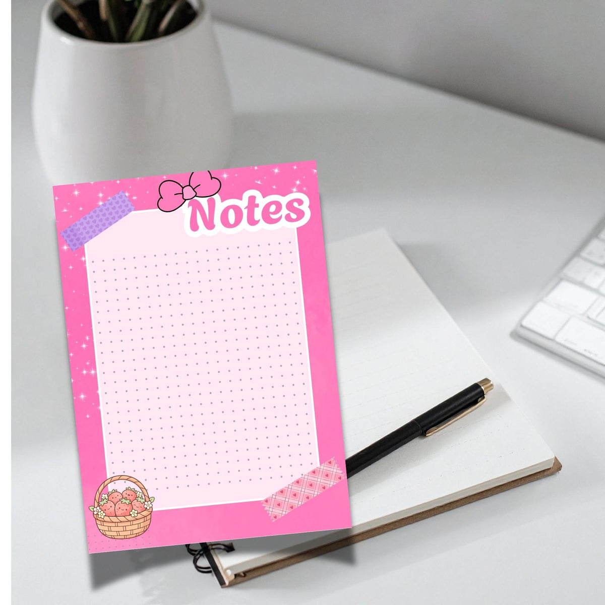A5 notebook Pink Notes with dotted grids, Kawaii Stationery, 40 Tear-Off Planner Pages