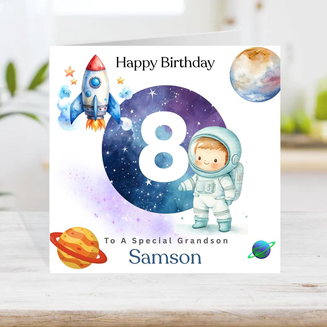 Personalized Kids Space Birthday Card, Astronaut Rocket number card