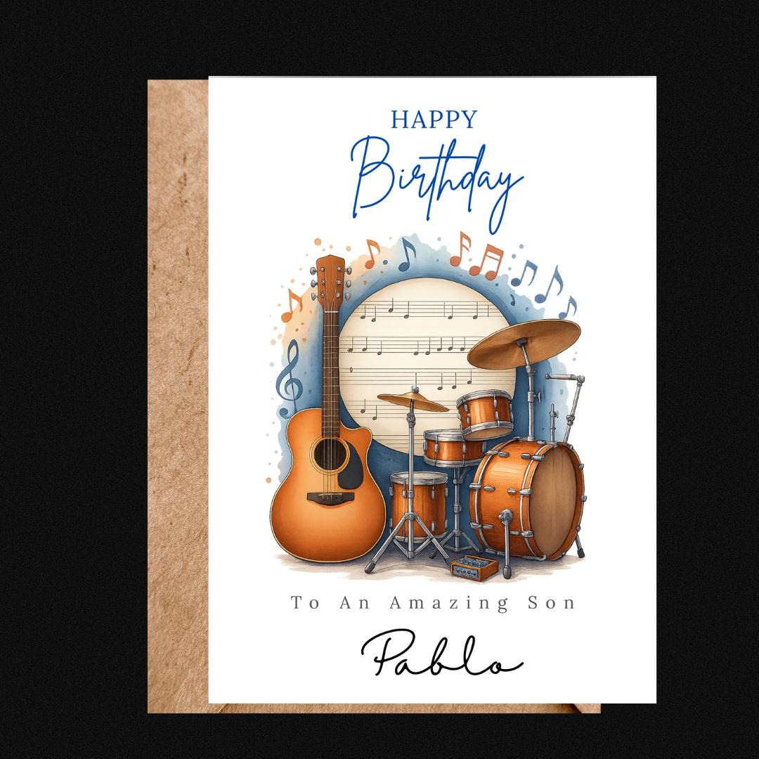 Personalized Music Birthday Card, Guitar & Drums Design Custom Name Card for Brother, Friend, Son