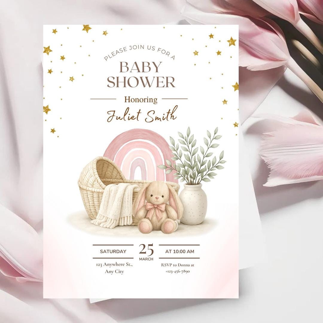 Boho Baby Shower Invitation, Rainbow Bunny Canva Template (Digital Download)