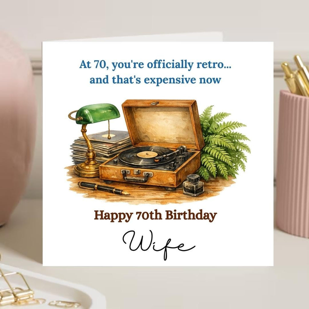 Funny 70th Birthday Card for Wife, Personalised Retro Vinyl Record Birthday Card For Husband