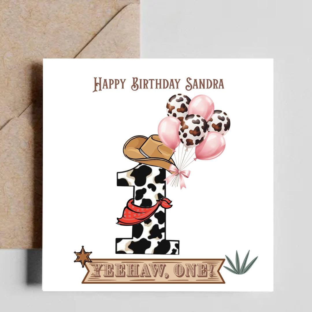 Personalised cowgirl happy 1st birthday card, First Rodeo Themed Card For Daughter Granddaughter Niece