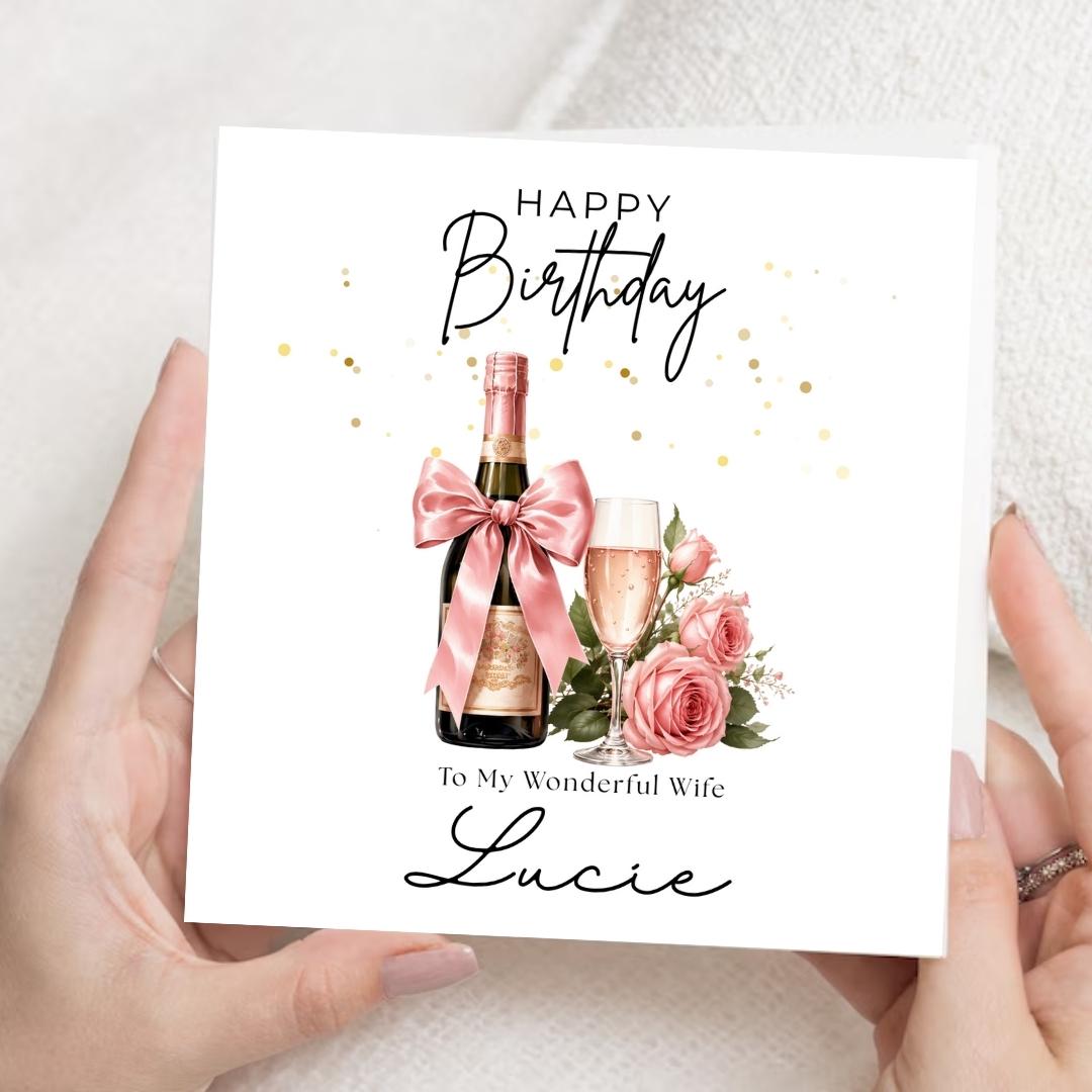 Personalised Birthday Card for Wife, Custom Name Elegant Romantic Champagne & Roses Birthday Card for Her