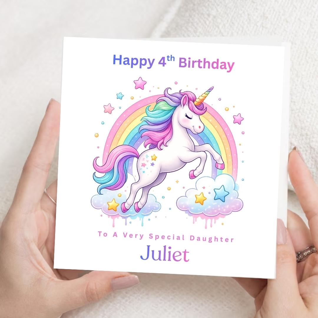 Personalised Unicorn 4th Birthday Card for Daughter, Rainbow Unicorn Custom Name Age 4 Cards