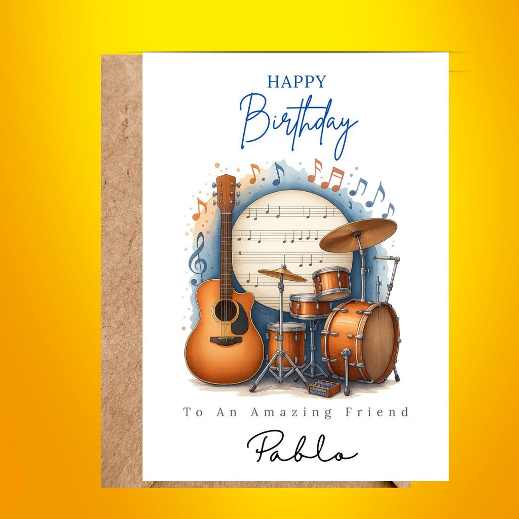 Personalized Music Birthday Card, Guitar & Drums Design Custom Name Card for Brother, Friend, Son