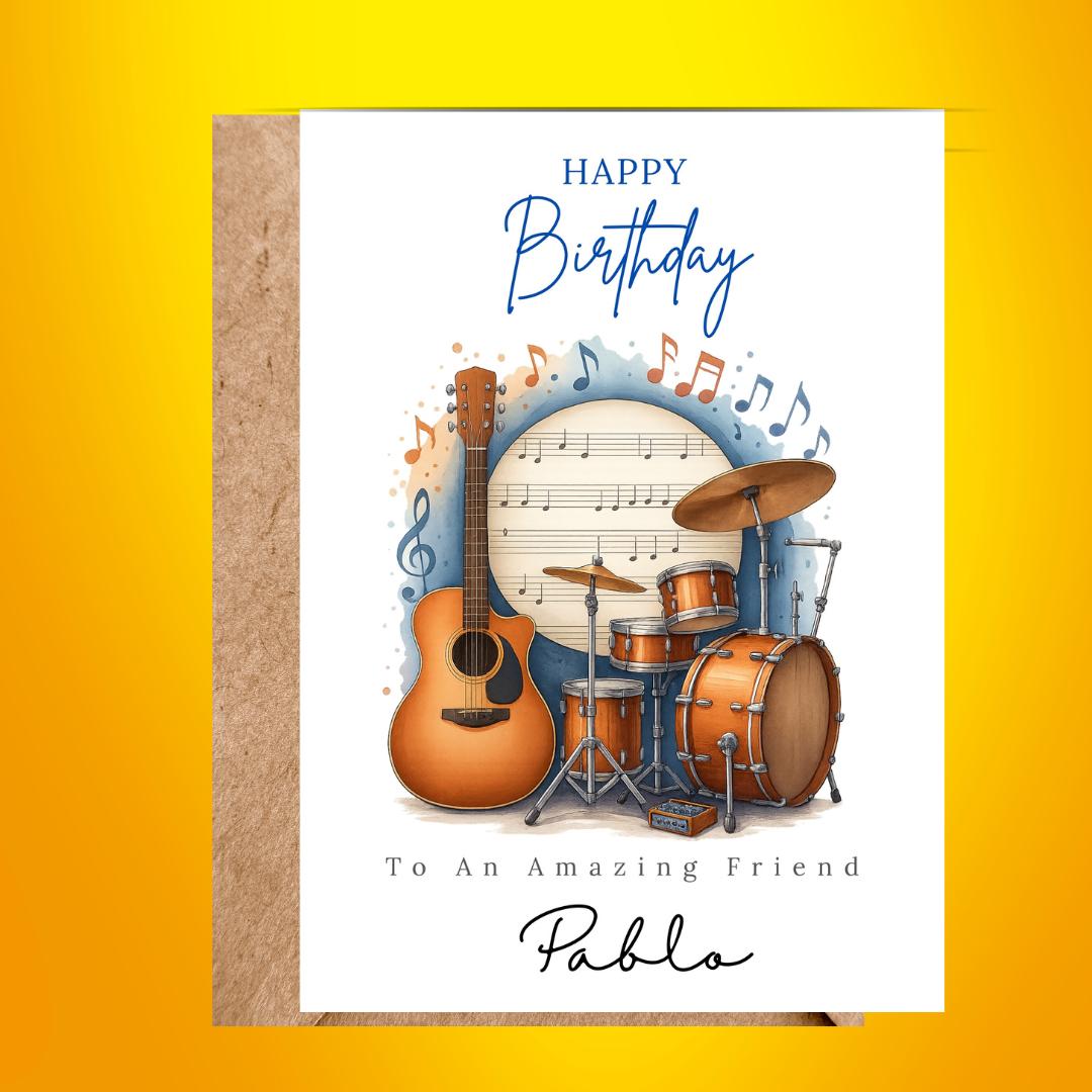 Personalized Music Birthday Card, Guitar & Drums Design Custom Name Card for Brother, Friend, Son
