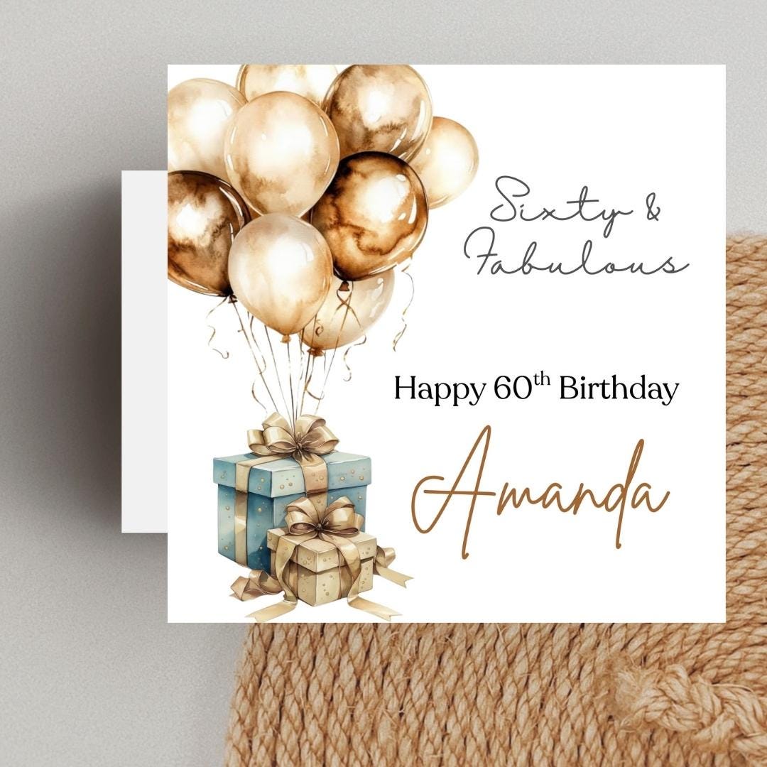 Personalised 60th Birthday Card For Mum, Sister – Gold Balloons, Custom Name Female Birthday Cards