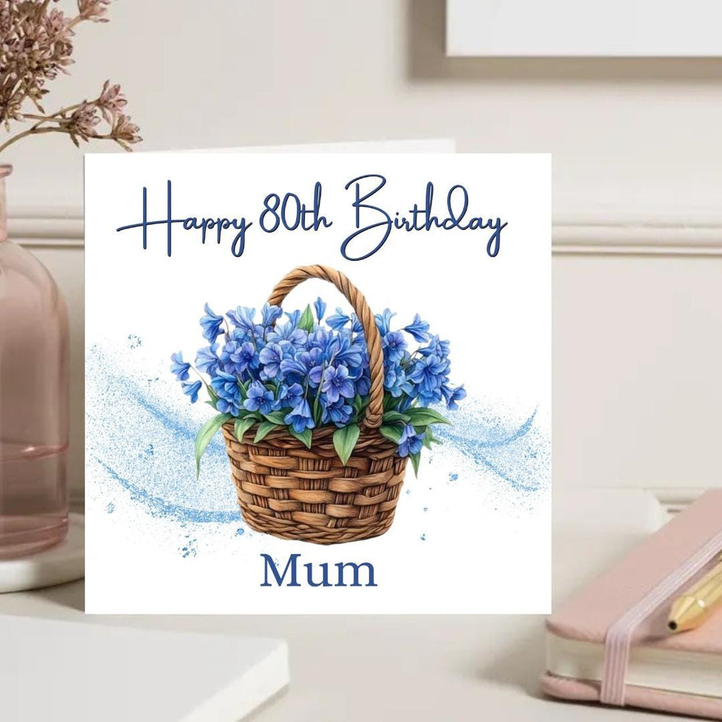 Personalized 80th Floral Birthday Card For Her – Custom Name Flower Basket Card For Mum