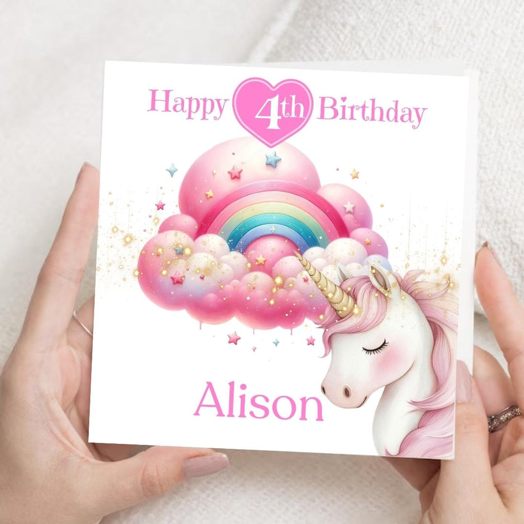 Personalized Unicorn 4th Birthday Card, Magical Rainbow Cloud Design