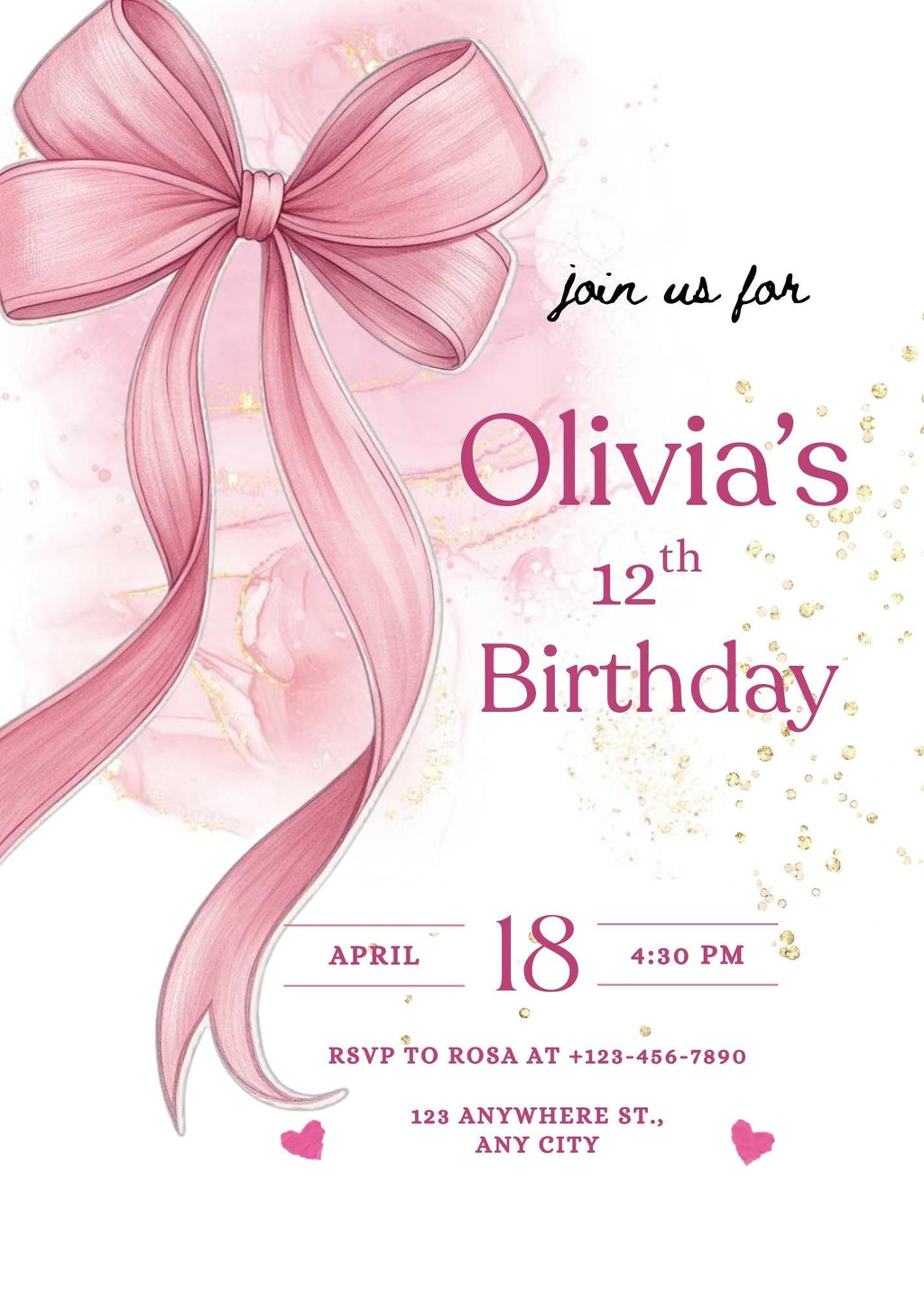 Pink Bow Birthday Invitation, Coquette Birthday Party Invite, Elegant Birthday Template Canva