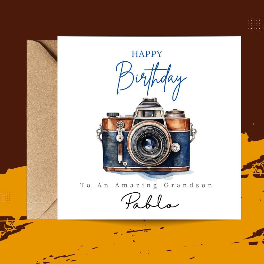 Personalised Birthday Card For Photographer Son Grandson Friend, DSLR Camera Minimalist Cards