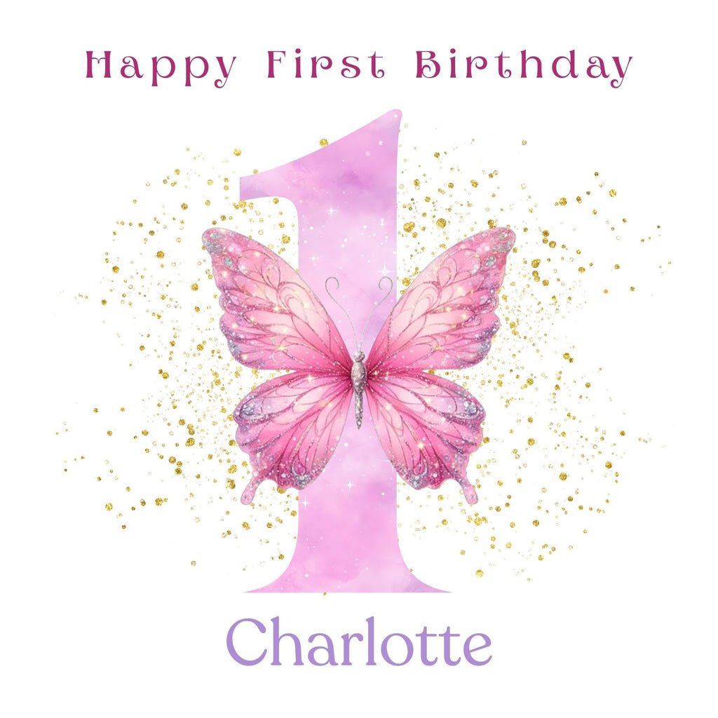 Personalized Baby Girl 1st Birthday Card, Big Number One Pink Butterfly Design