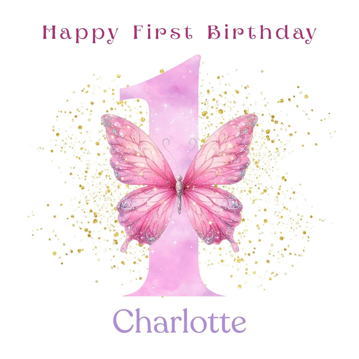 Personalized Baby Girl 1st Birthday Card, Big Number One Pink Butterfly Design